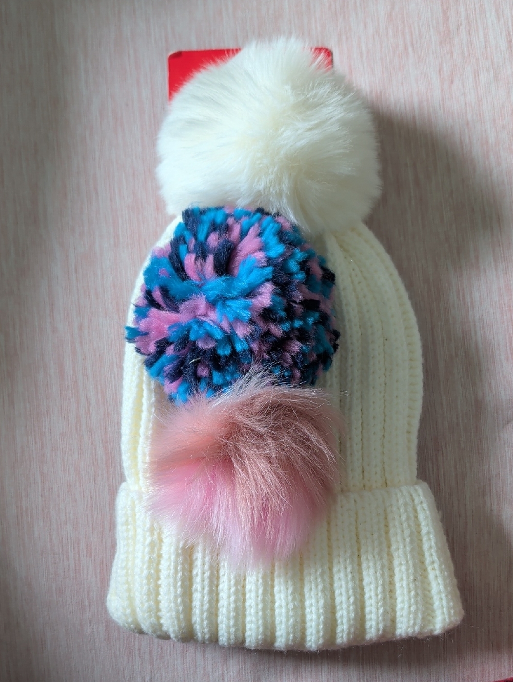 bp Cream Knit Beanie with White, Blue, Pink Poms